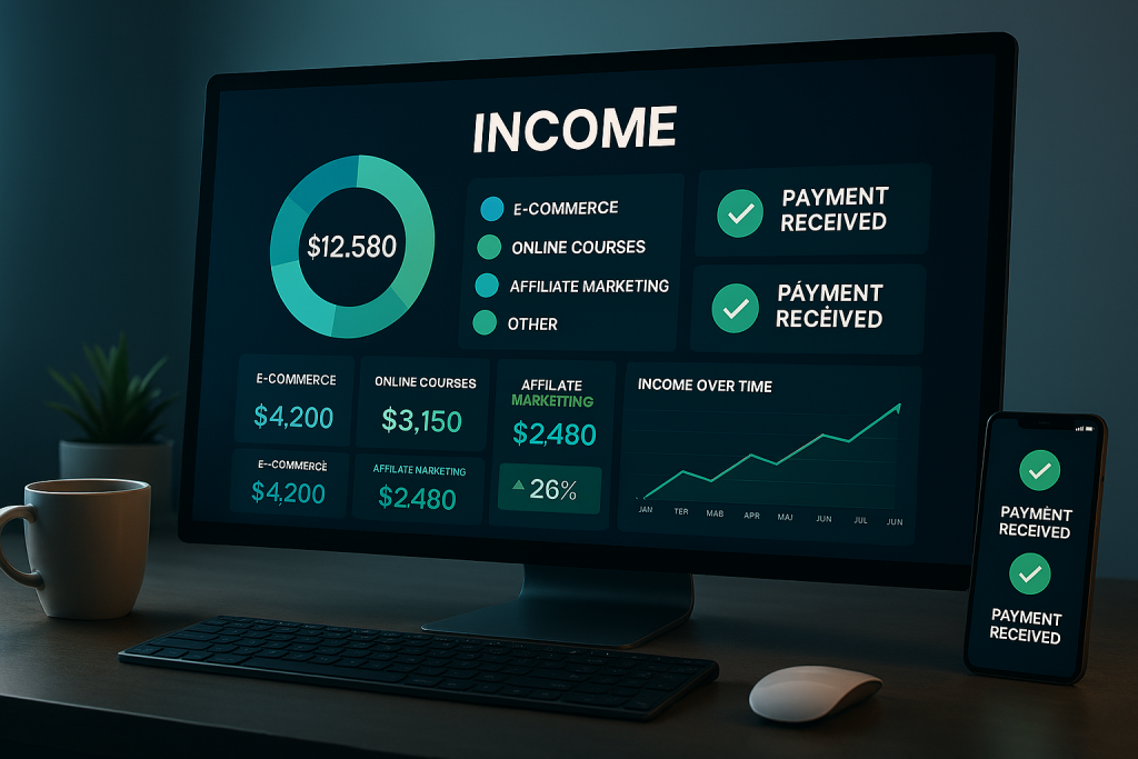 Digital income tracking dashboard displaying multiple revenue streams, financial charts, and earnings analytics on modern computer screen