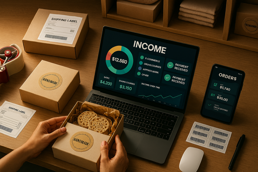 E-commerce seller packaging handmade products with shipping labels, inventory management system on tablet, and small business workspace